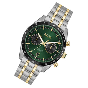 BOSS watch with green dial and silver and gold metal strap on white background