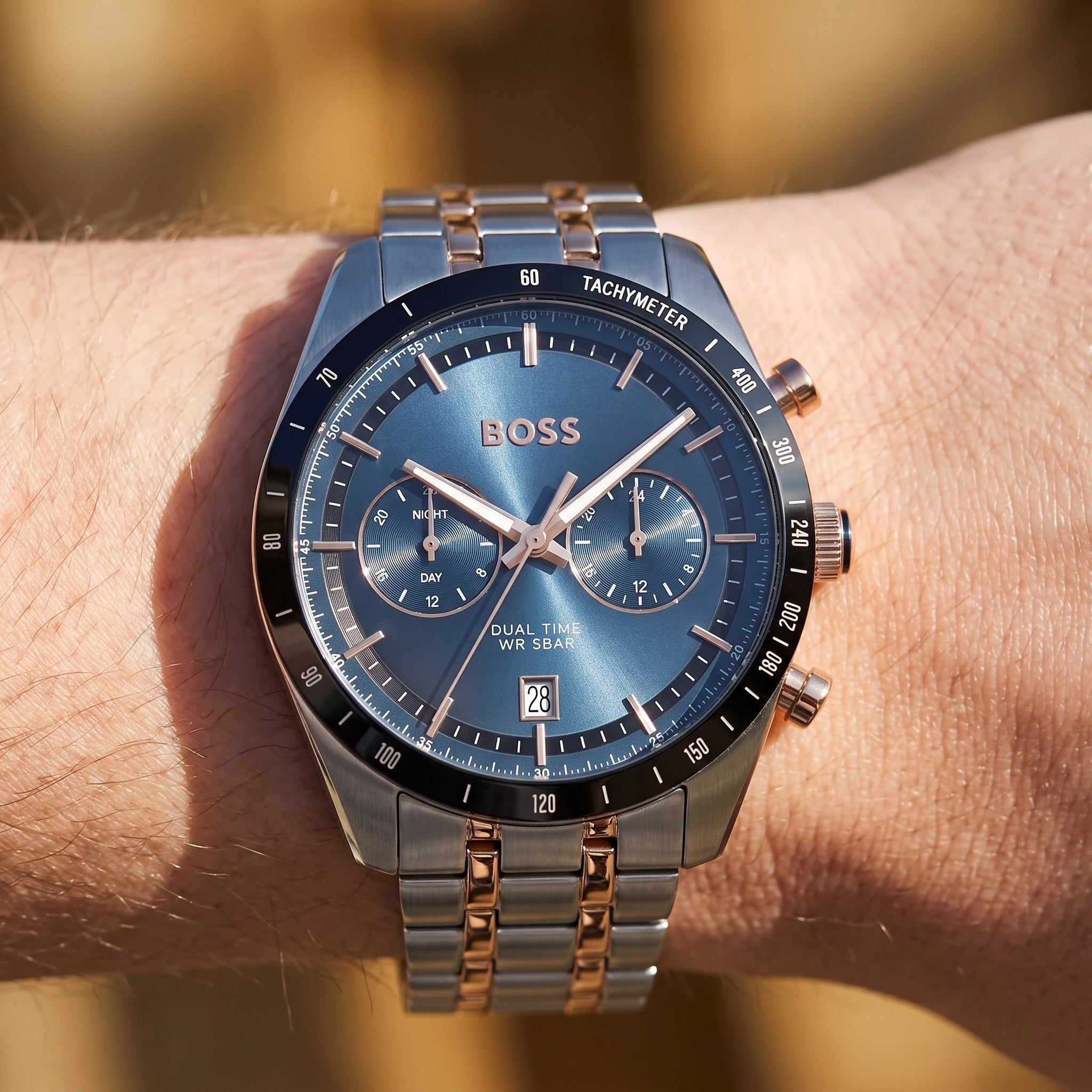 Live wrist shot of Hugo Boss Tourmaster 1514288 dual time men's watch.