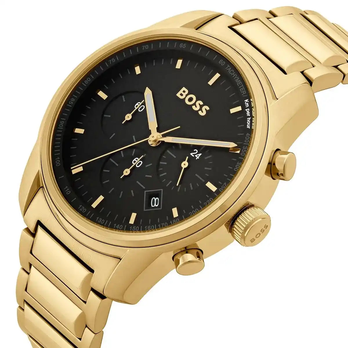 Angled view of the Hugo Boss 1514006 highlighting the gold pushers and seamless crystal