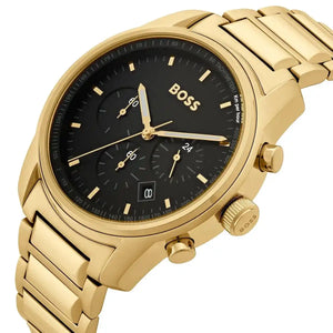 Angled view of the Hugo Boss 1514006 highlighting the gold pushers and seamless crystal