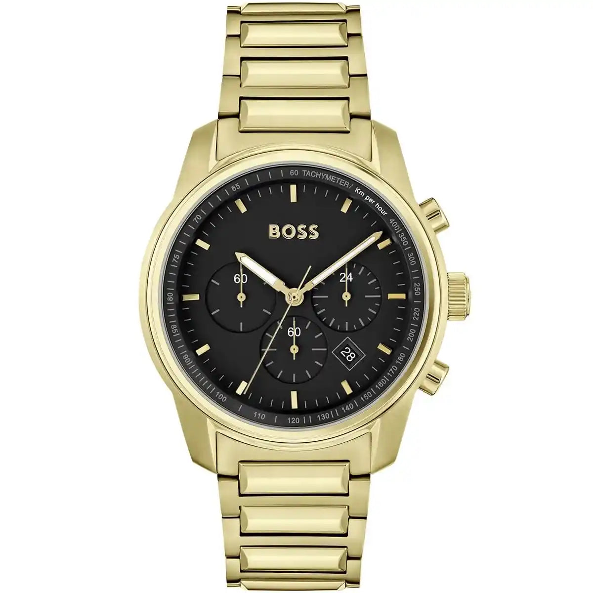 Hugo Boss Trace 1514006 men's chronograph watch with gold-tone stainless steel strap and black dial