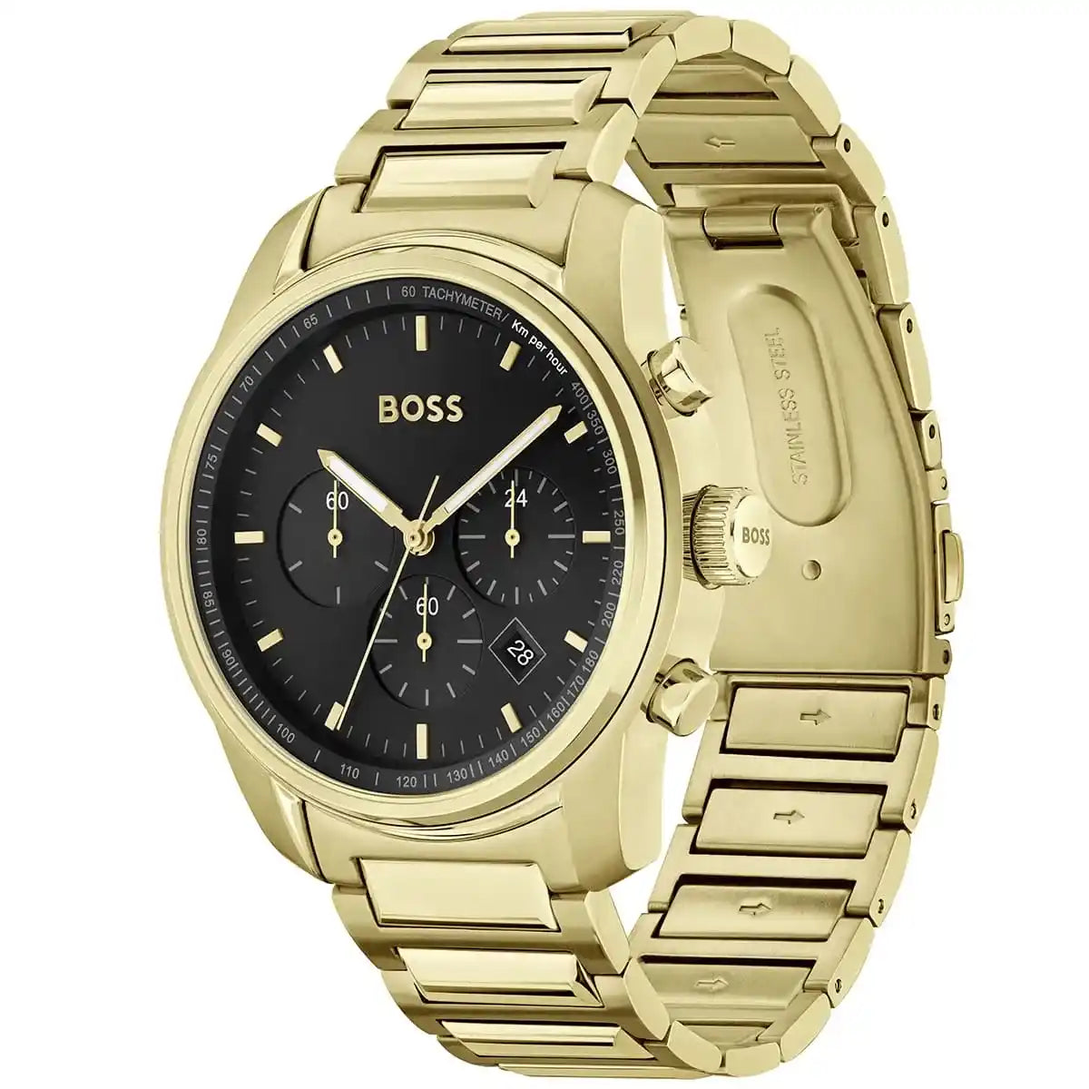 Side profile view of the 11.5mm thick gold stainless steel case of the Hugo Boss Trace