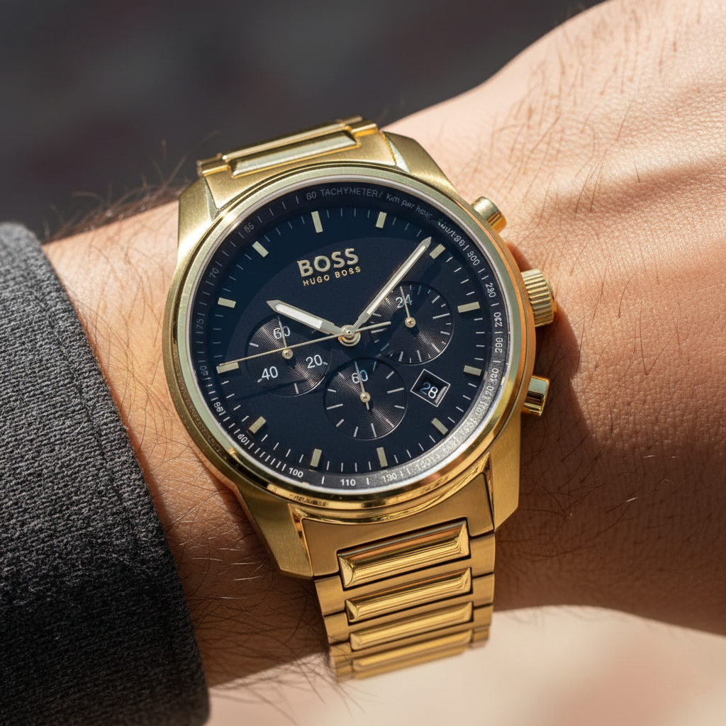 Close up shot of Hugo Boss Trace 1514006 watch on wrist showing the black dial and gold hands
