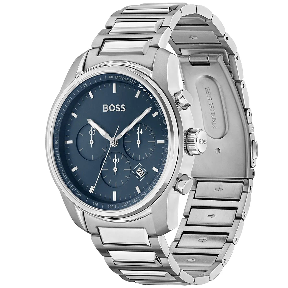 Angled view of the Hugo Boss 1514007 highlighting the polished silver case and pushers
