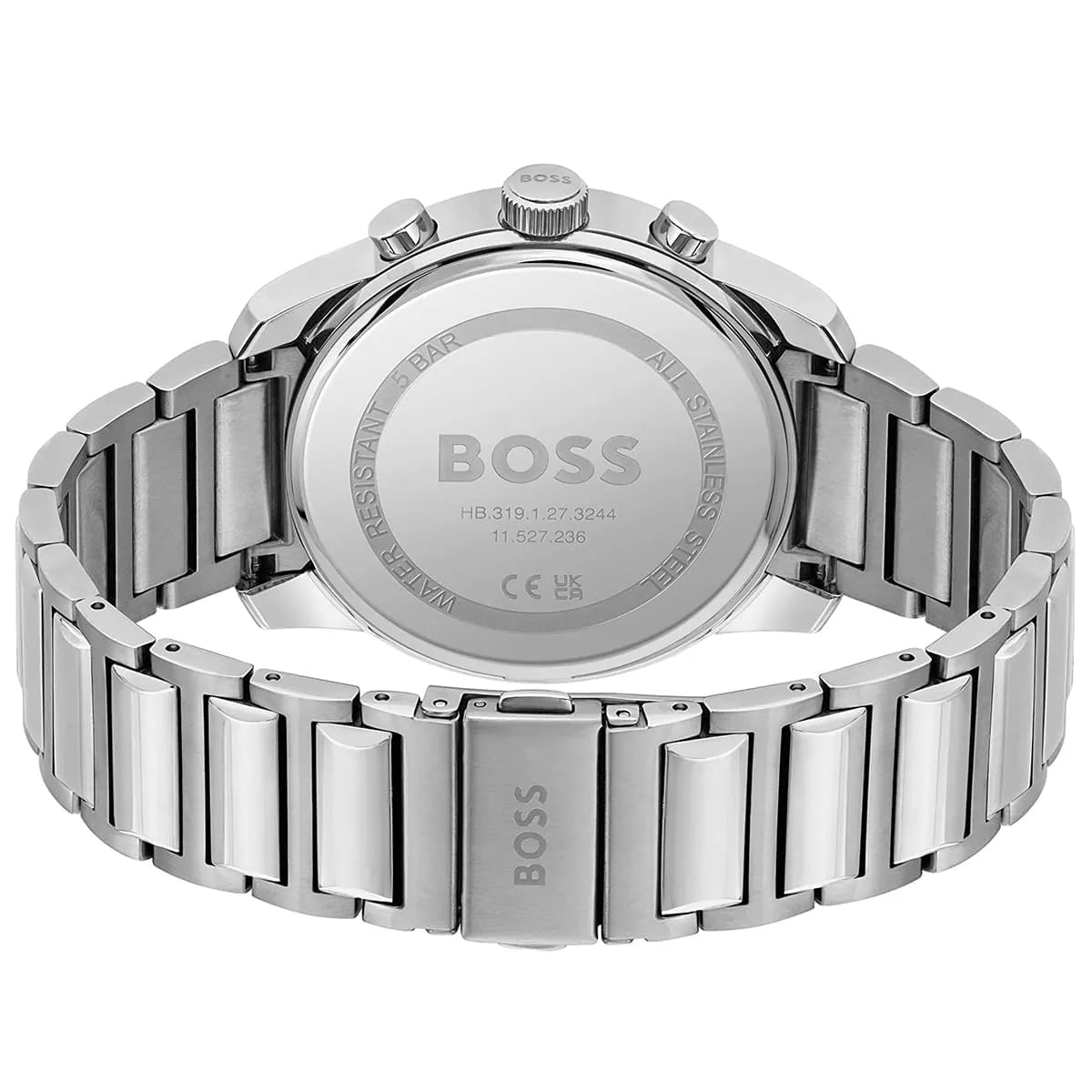 Back view of the Hugo Boss 1514007 watch showing the stainless steel caseback details