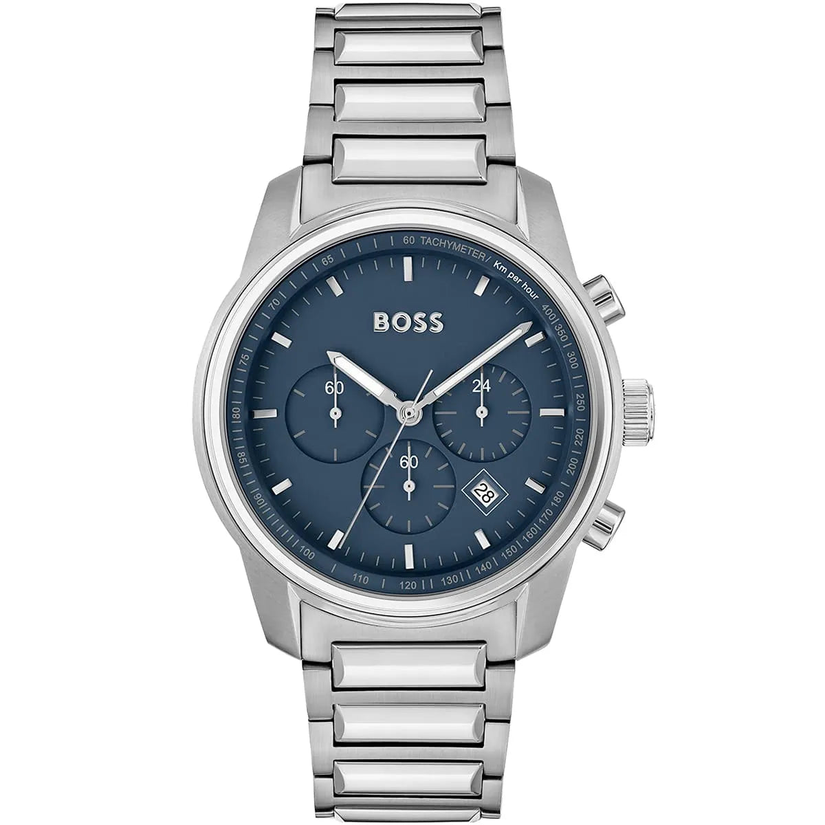 Hugo Boss Trace 1514007 men's chronograph watch with silver stainless steel strap and blue sunray dial
