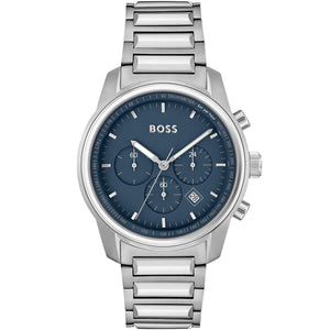 Hugo Boss Trace 1514007 men's chronograph watch with silver stainless steel strap and blue sunray dial