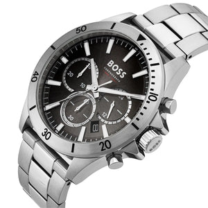 Angled view of the Hugo Boss 1514057 highlighting the polished silver case and pushers