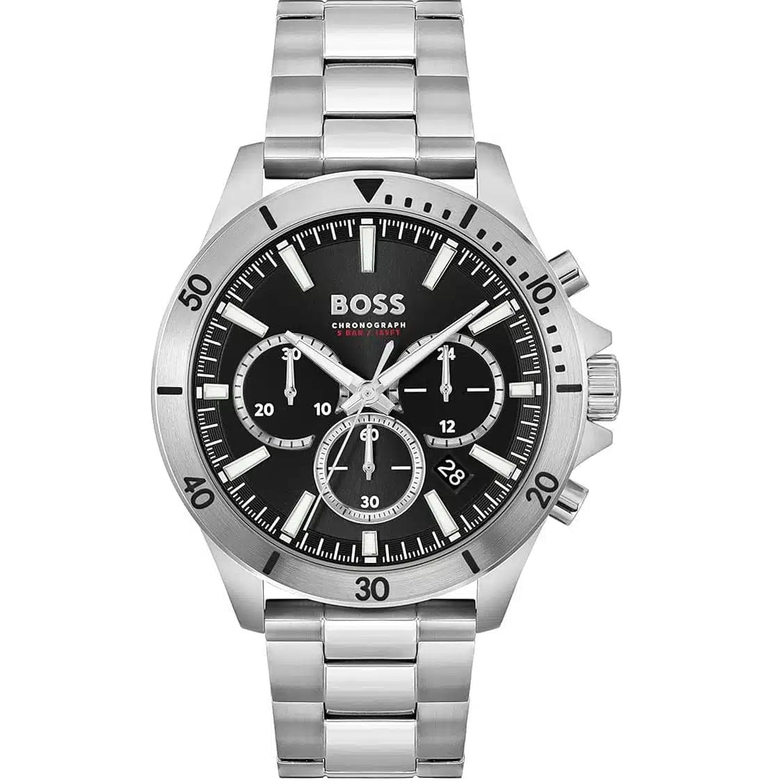 Hugo Boss Troper 1514057 men's chronograph watch with silver stainless steel strap and black dial