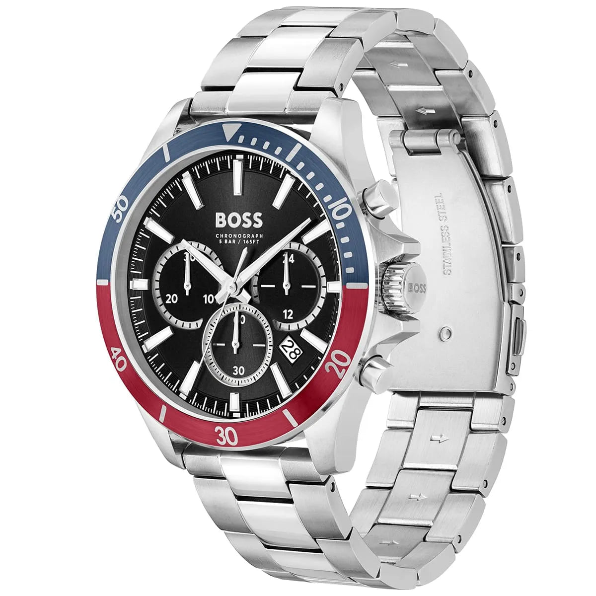 Left side perspective of the Hugo Boss 1514108 black dial and Pepsi bezel