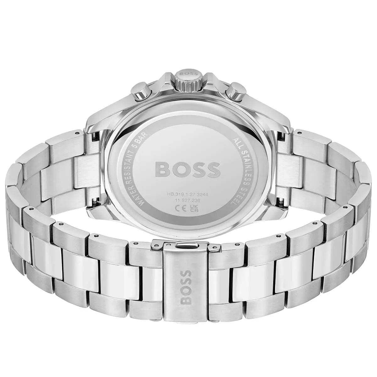 Silver-tone deployment clasp with engraved Boss logo on the bracelet of the 1514108