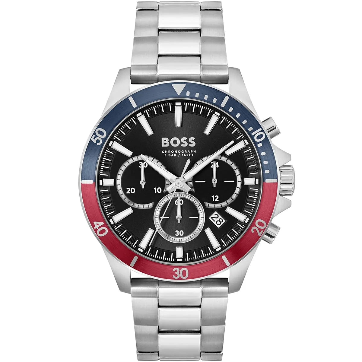 Hugo Boss Troper 1514108 men's chronograph watch with silver stainless steel strap and Pepsi bezel