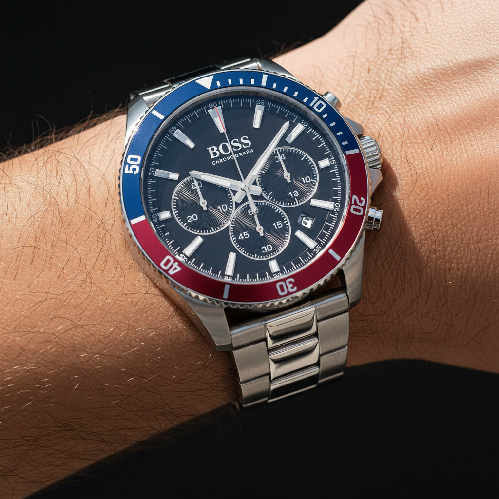 Close up shot of Hugo Boss Troper 1514108 watch on wrist showing the blue and red bezel details