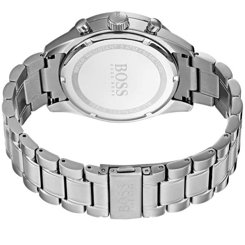 Back view of the Hugo Boss 1513630 watch showing the stainless steel caseback details