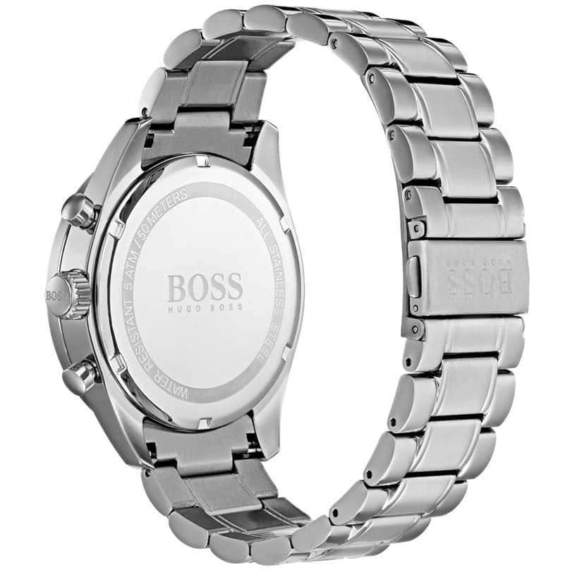Silver-tone deployment clasp with engraved Boss logo on the bracelet of the 1513630