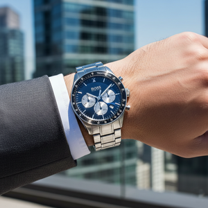 Male model wearing Hugo Boss Trophy 1513630 silver watch with a blue suit