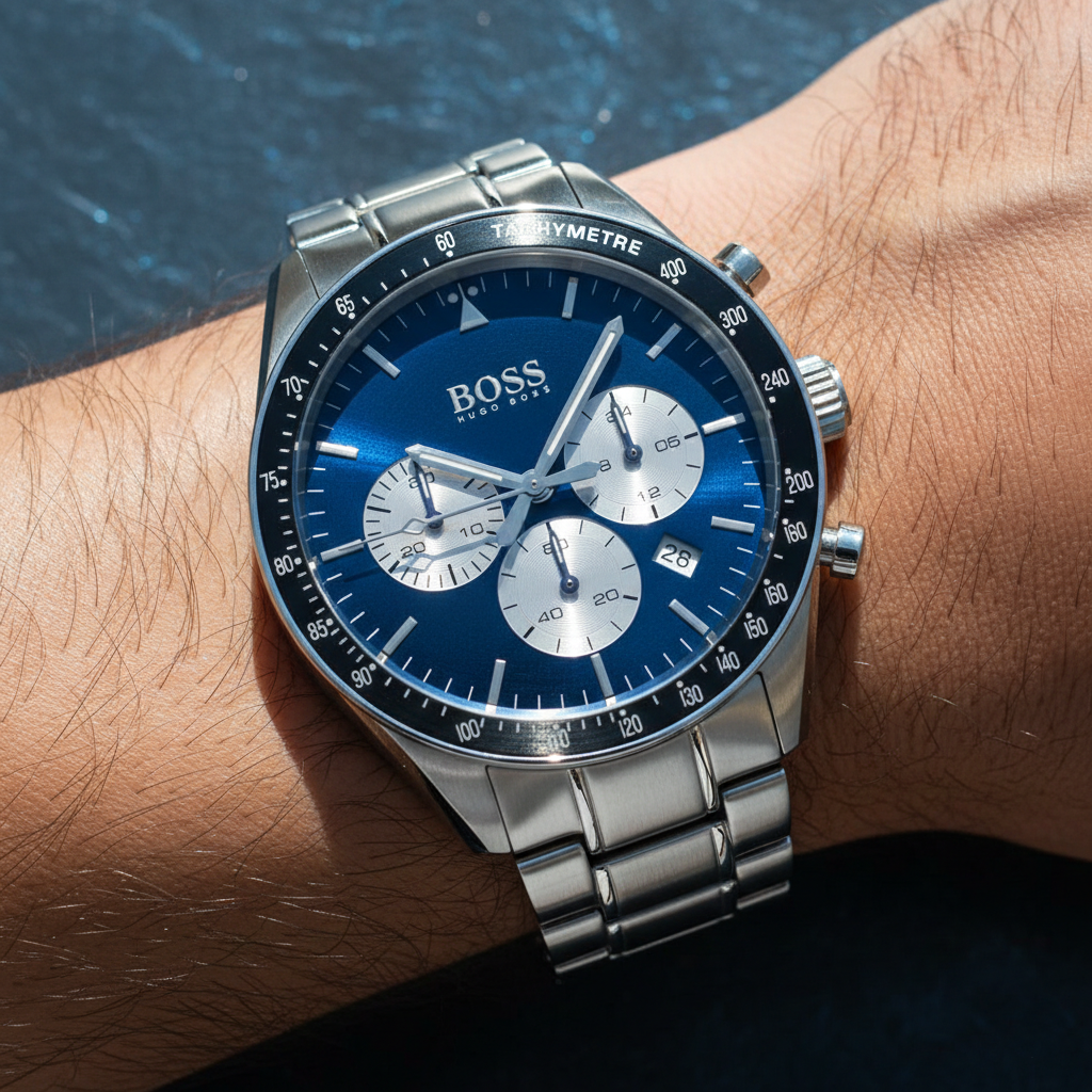 Close up shot of Hugo Boss Trophy 1513630 watch on wrist showing the blue sunray dial and tachymeter bezel