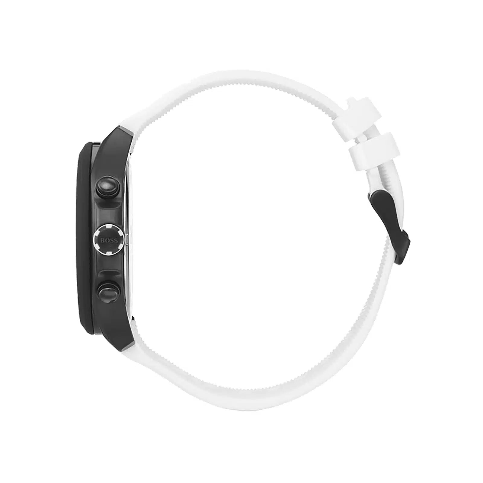 Angled view of the Hugo Boss Velocity 1513718 highlighting the black pushers and white strap connection
