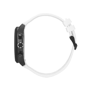 Angled view of the Hugo Boss Velocity 1513718 highlighting the black pushers and white strap connection