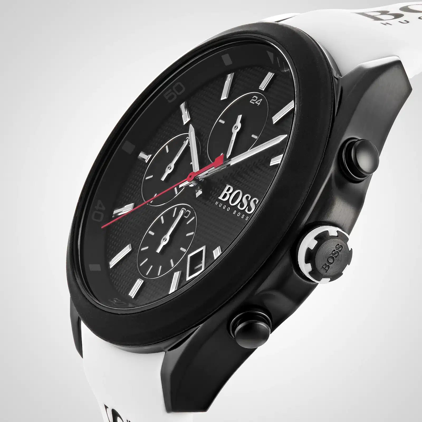 Left side perspective of the Hugo Boss Velocity 1513718 black dial and silicone strap texture