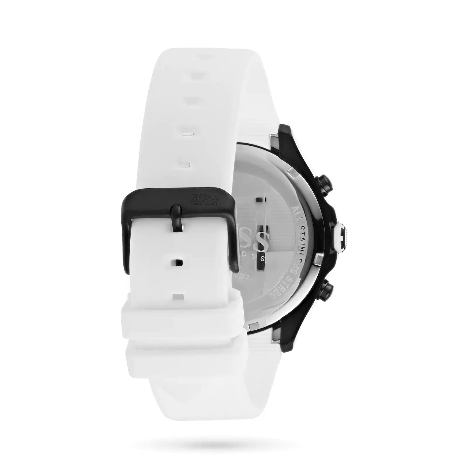 Stainless steel buckle clasp with engraved Boss logo on the white rubber strap of the 1513718