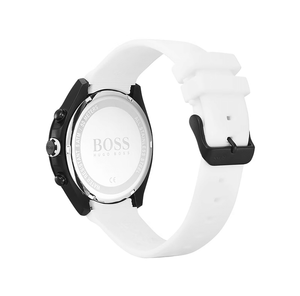 Detailed side view of the black crown and chronograph buttons on the Hugo Boss 1513718