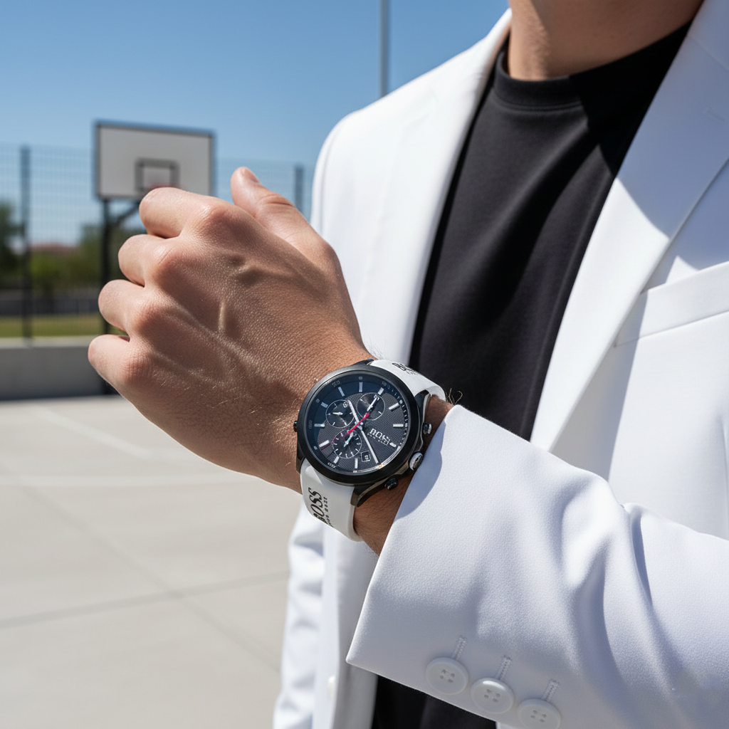 Male model wearing Hugo Boss Velocity 1513718 white strap watch with a sporty black outfit