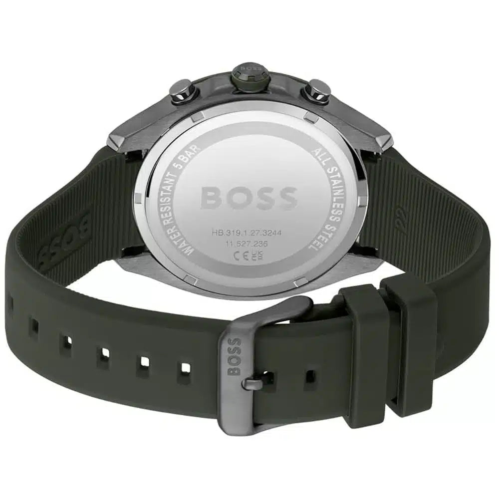 Green ion-plated buckle clasp with engraved Boss logo on the rubber strap of the 1514060