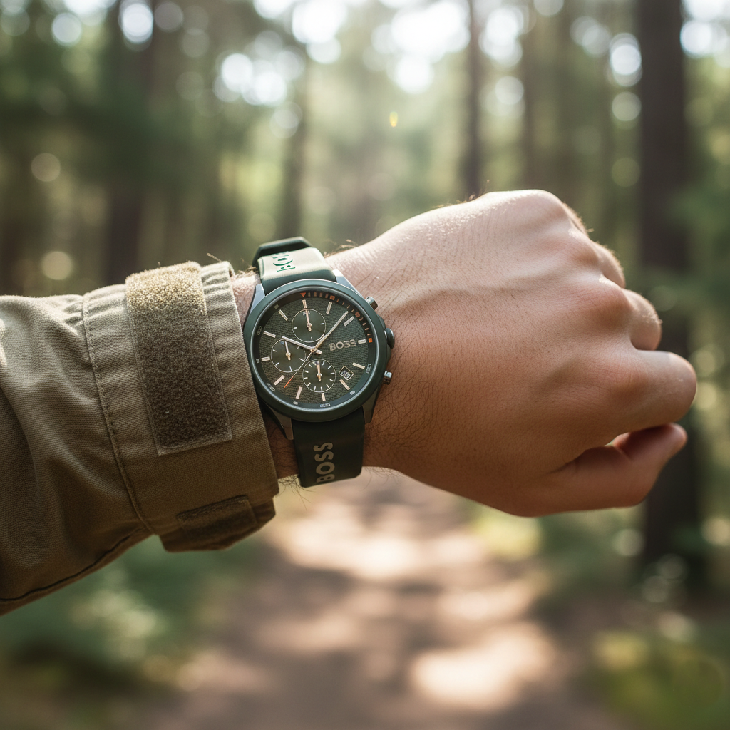 Male model wearing Hugo Boss Velocity 1514060 all-green watch with a tactical outfit