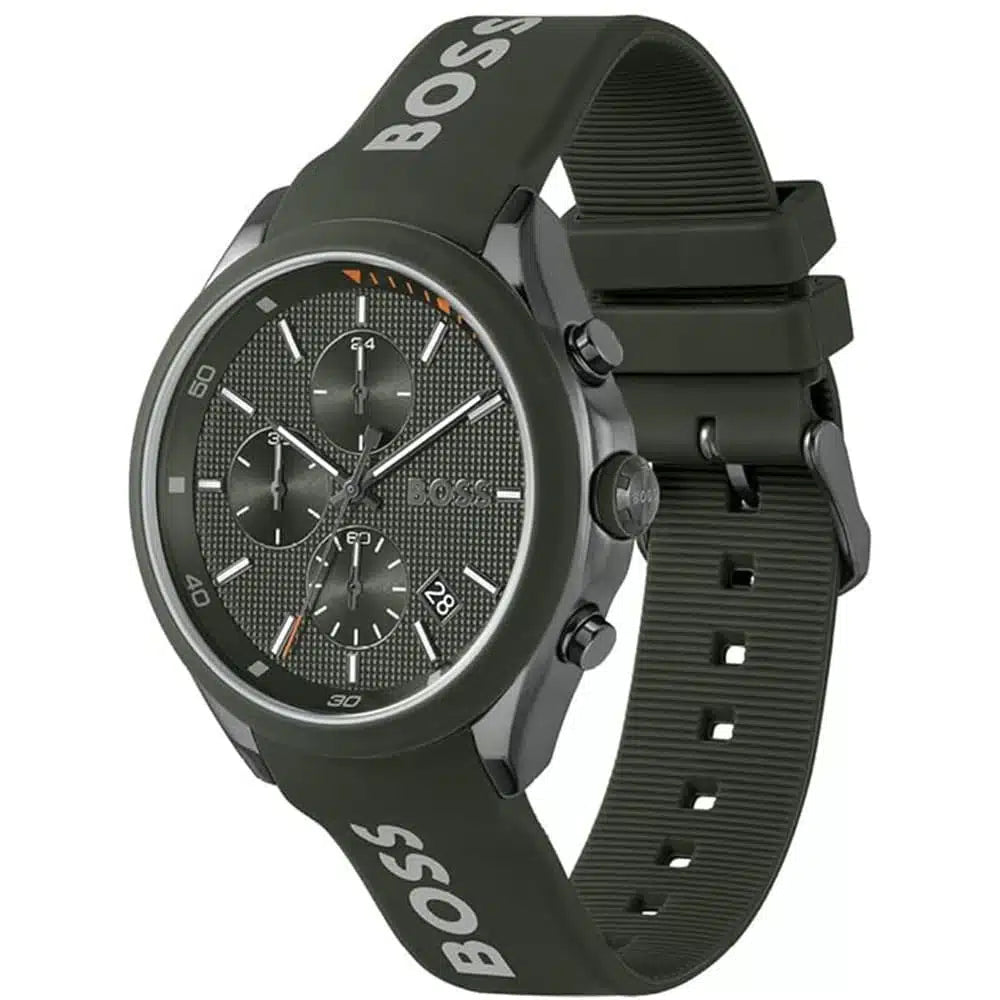 Authentic real-life photo of the Hugo Boss Velocity 1514060 watch showing actual all-green color and rubber strap