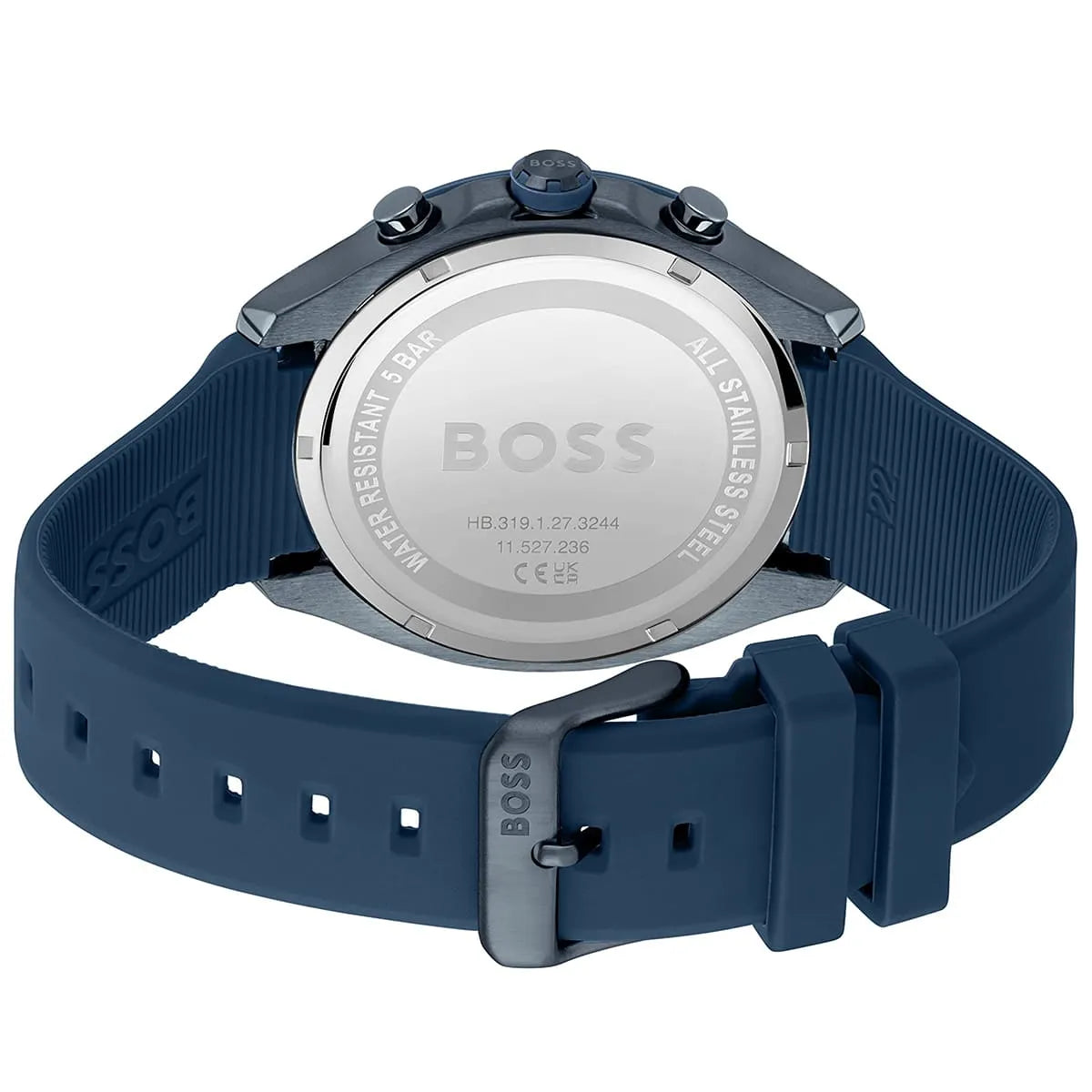 Blue ion-plated buckle clasp with engraved Boss logo on the rubber strap of the 1514061