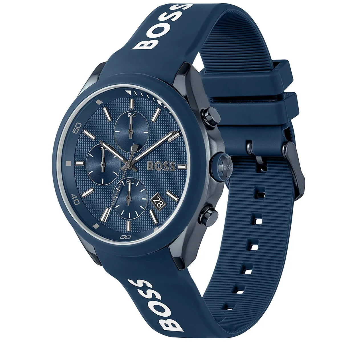 Detailed side view of the blue crown and chronograph buttons on the Hugo Boss 1514061