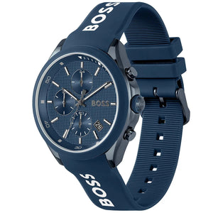 Detailed side view of the blue crown and chronograph buttons on the Hugo Boss 1514061