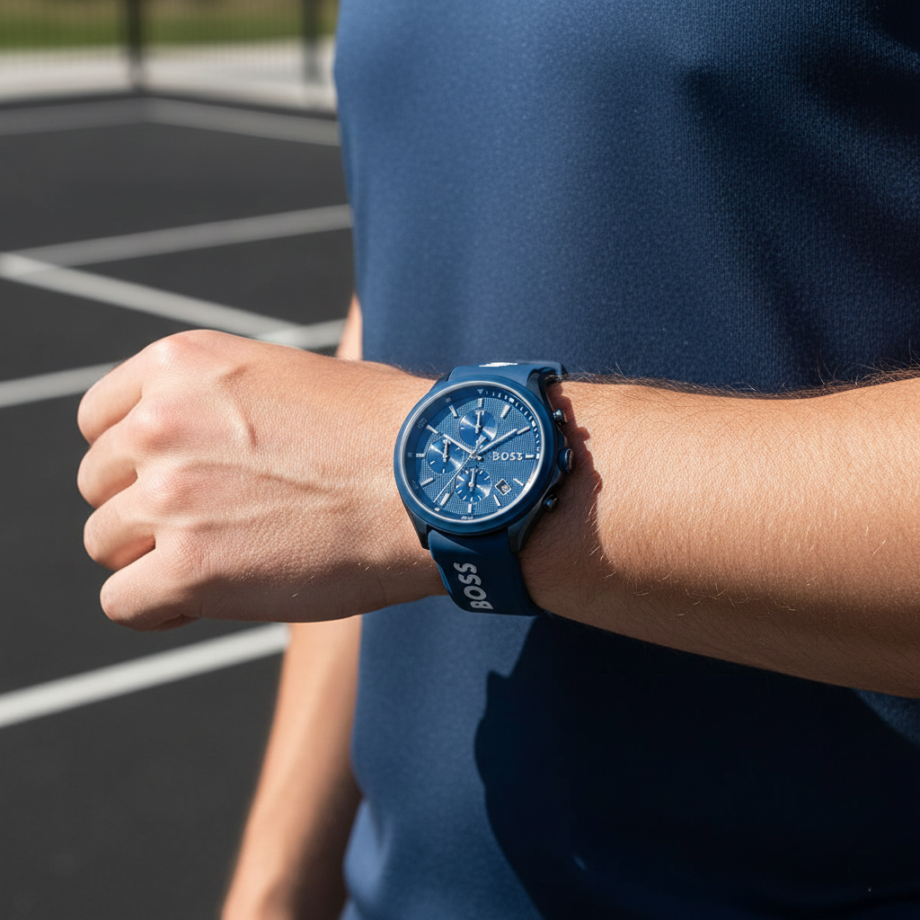 Male model wearing Hugo Boss Velocity 1514061 all-blue watch with a casual outfit