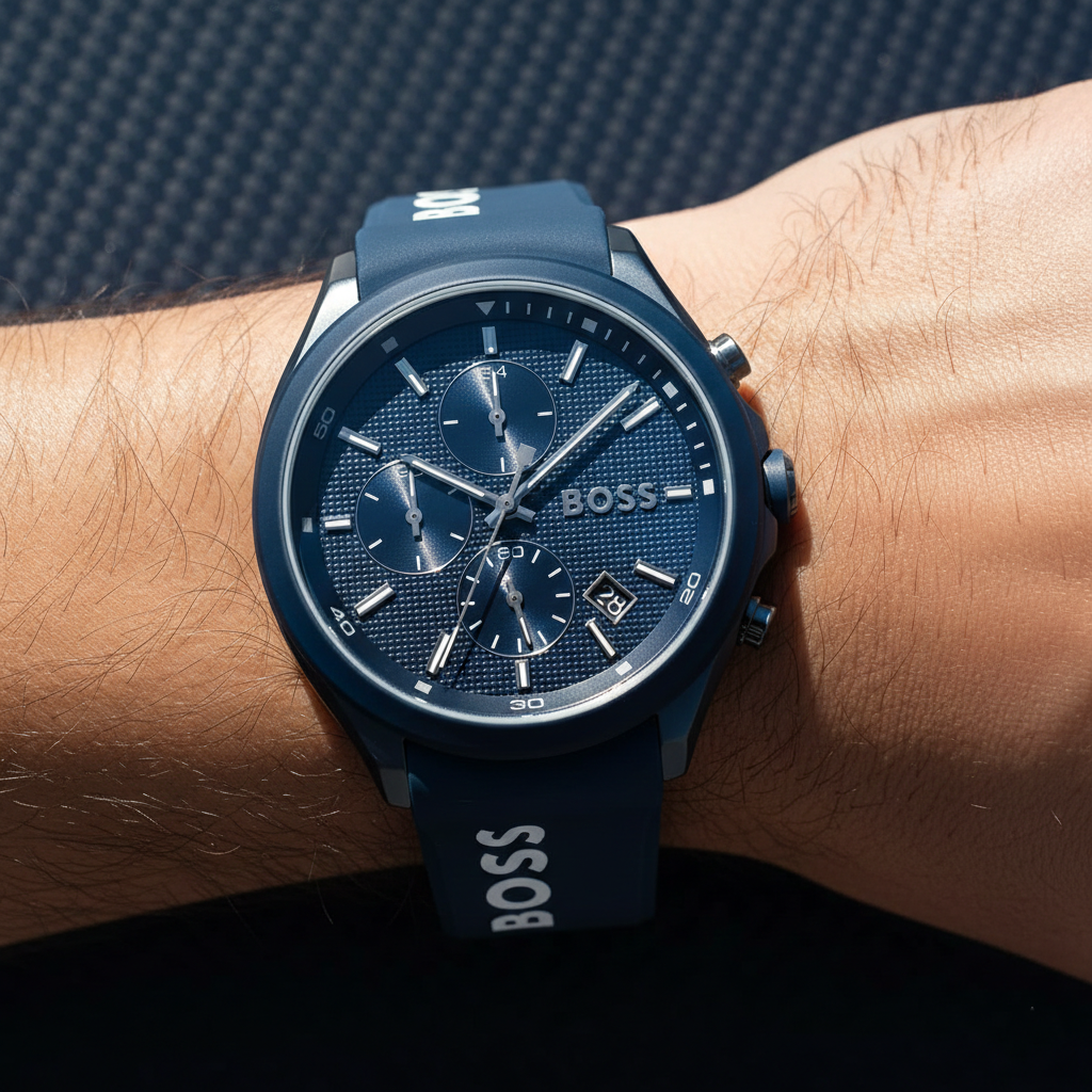 Close up shot of Hugo Boss Velocity 1514061 watch on wrist showing the textured blue dial