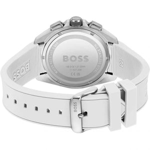 Silver-tone buckle clasp with engraved Boss logo on the white rubber strap of the 1513948