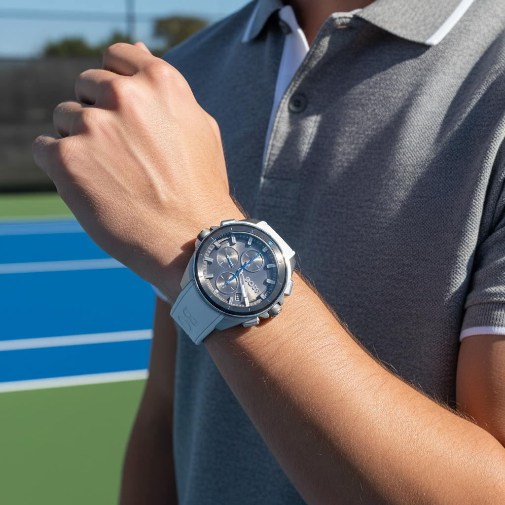 Male model wearing Hugo Boss Volane 1513948 white watch with a light summer outfit