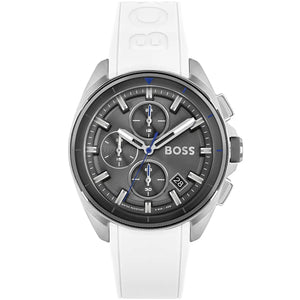 Hugo Boss Volane 1513948 men's chronograph watch with white rubber strap and grey dial with blue accents