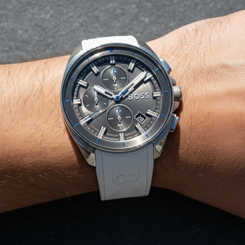 Close up shot of Hugo Boss Volane 1513948 watch on wrist showing the anthracite dial and blue hands