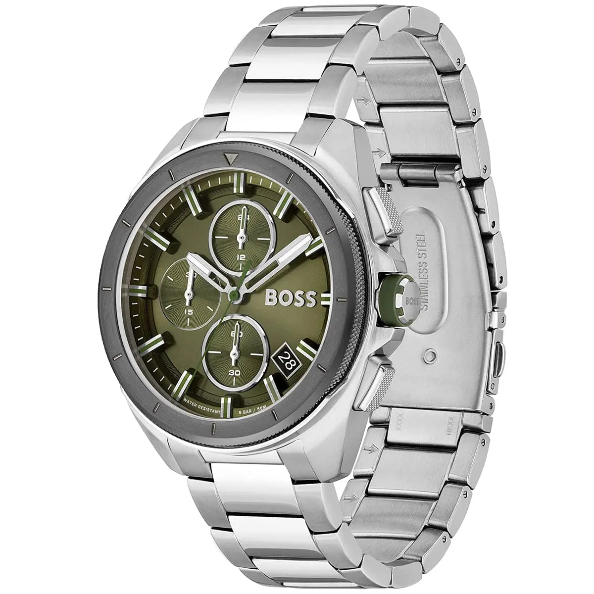 Left side perspective of the Hugo Boss 1513951 green dial and silver bracelet link