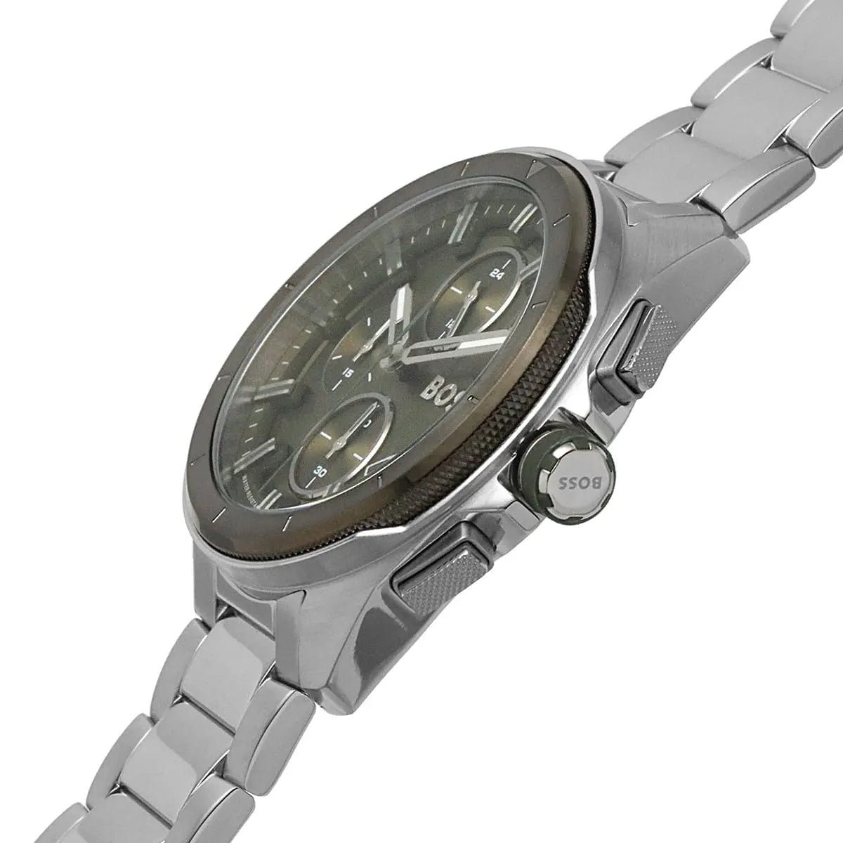 Detailed side view of the silver crown and buttons on the Hugo Boss 1513951