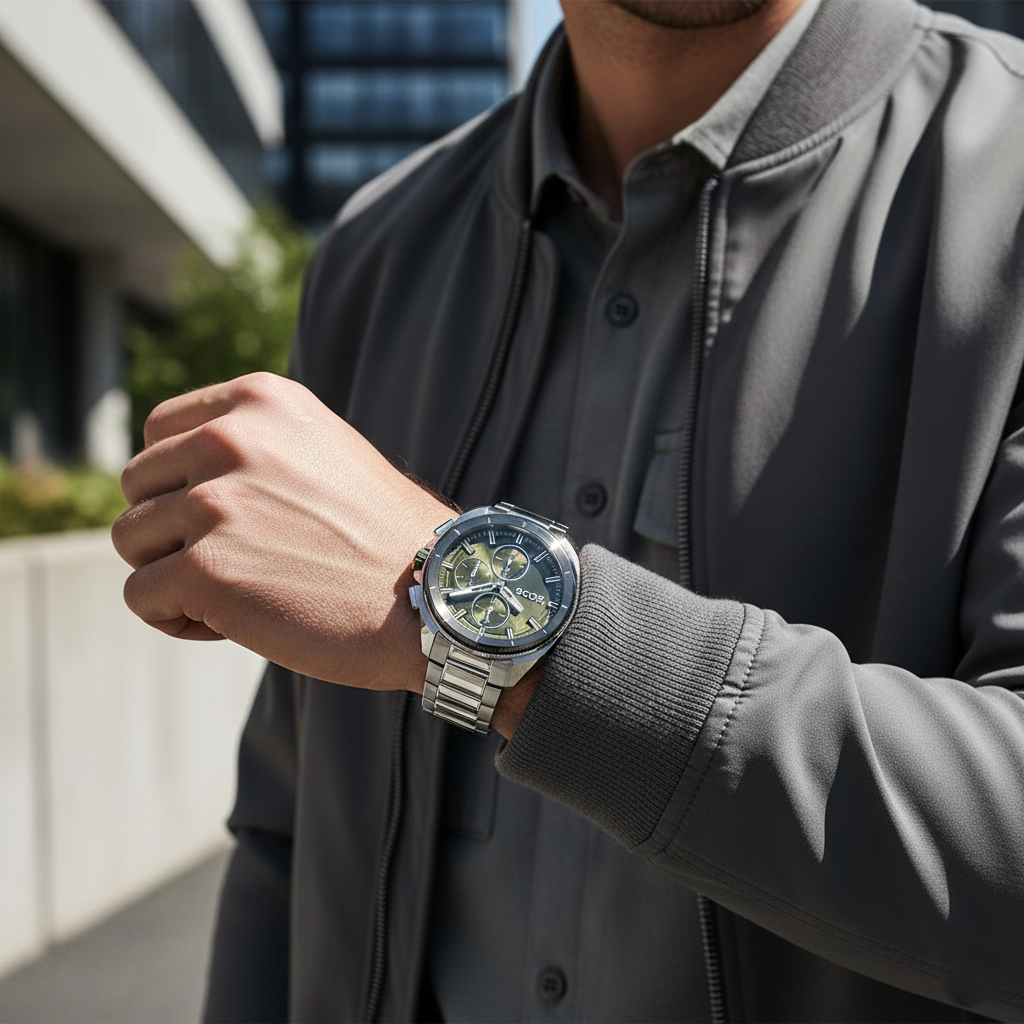 Male model wearing Hugo Boss Volane 1513951 silver watch with a smart casual outfit