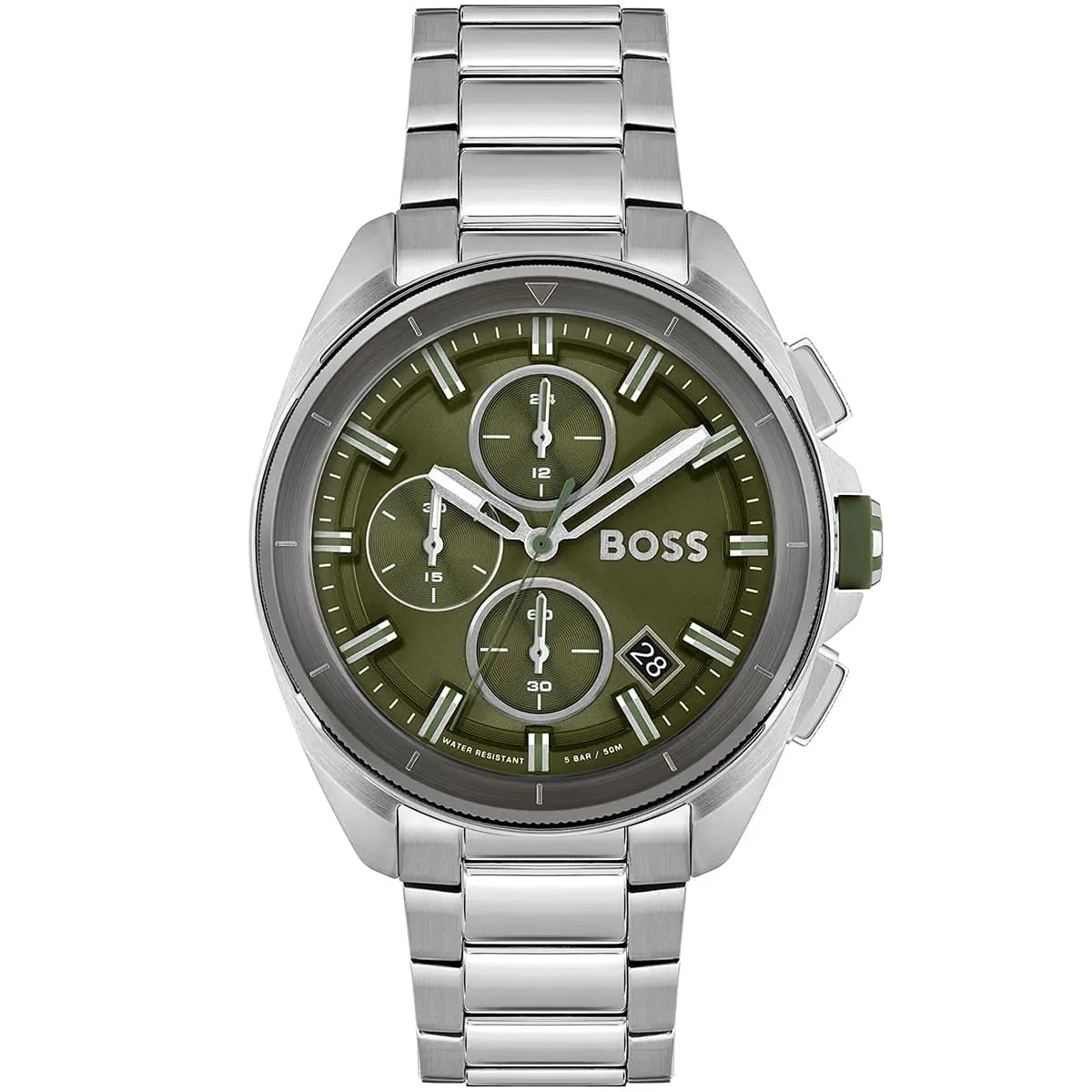 Hugo Boss Volane 1513951 men's chronograph watch with silver stainless steel strap and olive green dial