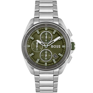 Hugo Boss Volane 1513951 men's chronograph watch with silver stainless steel strap and olive green dial