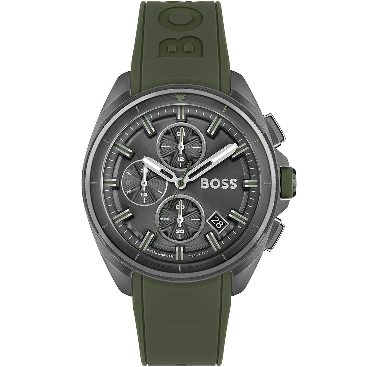 Hugo Boss Volane 1513952 men's chronograph watch with green rubber strap and grey case