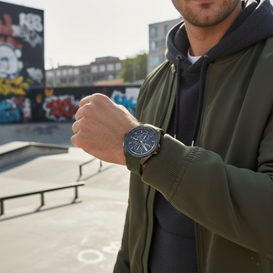 Male model wearing Hugo Boss Volane 1513952 grey and green watch with an outdoor casual outfit