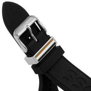 Silver-tone buckle clasp with engraved Boss logo on the black rubber strap of the 1513953