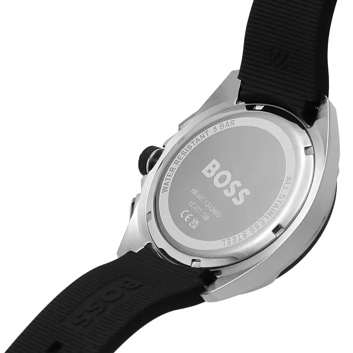 Back view of the Hugo Boss 1513953 watch showing the stainless steel caseback details