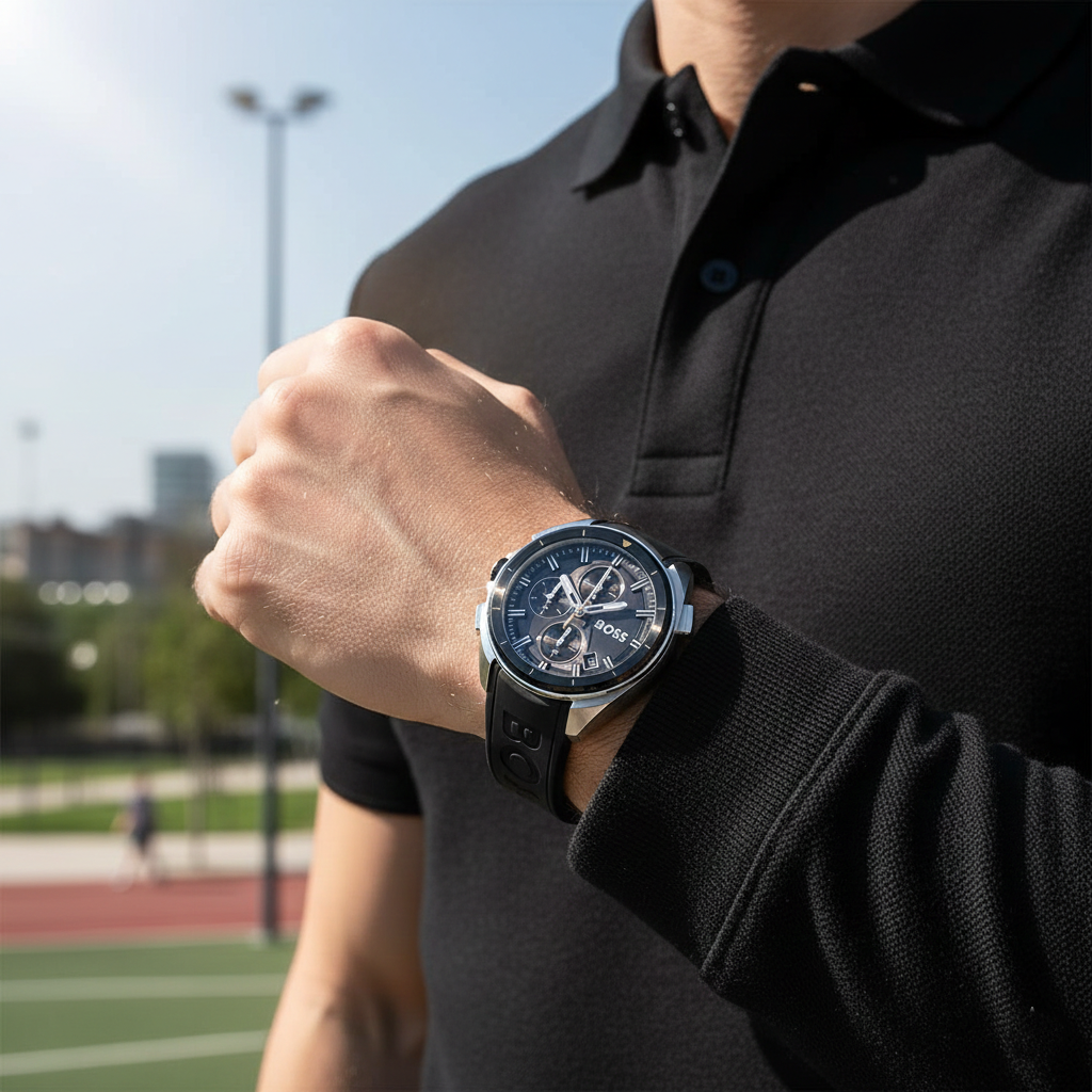 Male model wearing Hugo Boss Volane 1513953 silver watch with a black t-shirt