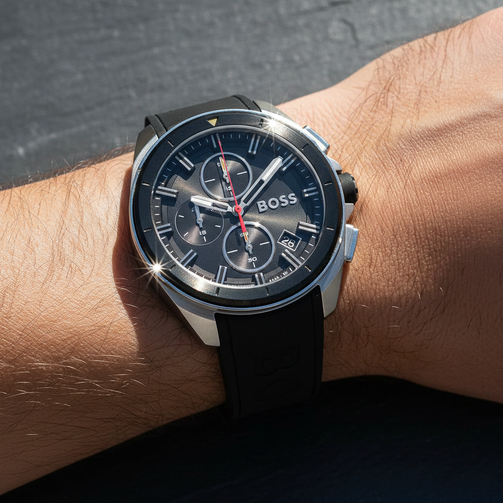 Close up shot of Hugo Boss Volane 1513953 watch on wrist showing the black textured dial